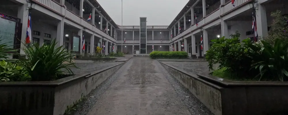 a museum courtyard in a rainy day